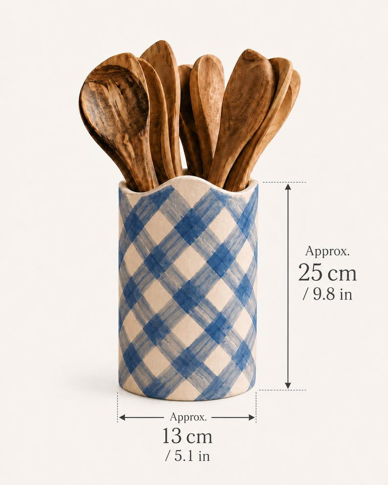 Keramik-Utensilienhalter, Küchenbehälter mit blauem Vichy-Karo, handbemalter Löffelhalter, 13 cm