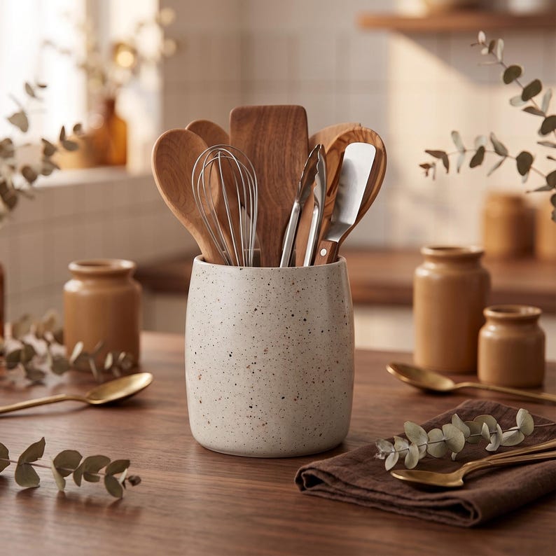 Gesprenkelter Keramik-Utensilienhalter, minimalistischer Küchen-Organizer für Löffel und Kochutensilien, 2 Größen