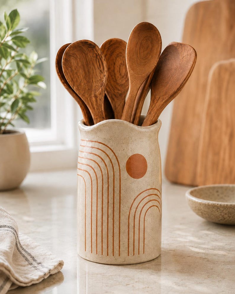 Küchenutensilienhalter aus Keramik, hoher Behälter mit abstraktem Sonnenmotiv, Organizer für die Arbeitsplatte in Creme und Terrakotta, 22 cm