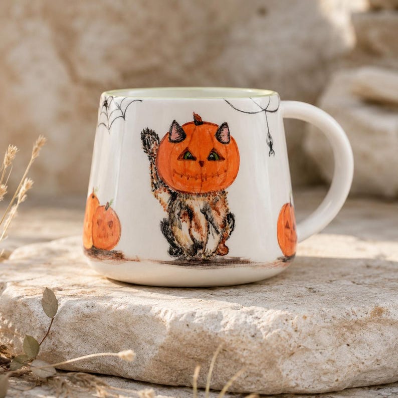 Keramikbecher mit Katzenmotiv und handbemaltem Kürbis- und Spinnennetz-Dekor