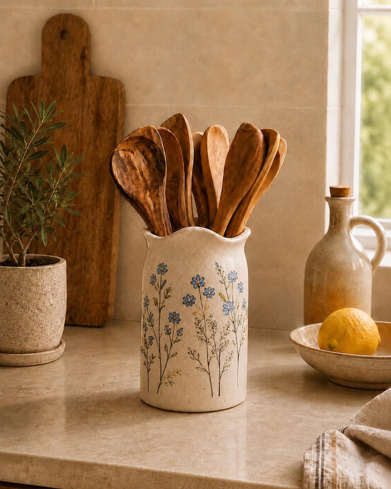 Handgefertigter Keramik-Utensilienhalter, blauer Küchentopf mit Blumenmuster, hoher Keramik-Organizer, cremefarben