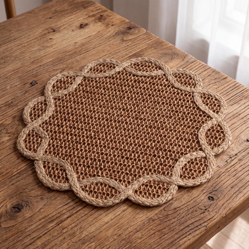 Rundes Platzset aus Rattan, 38 cm Durchmesser, mit gewellten Rändern und braunem Blumenmuster