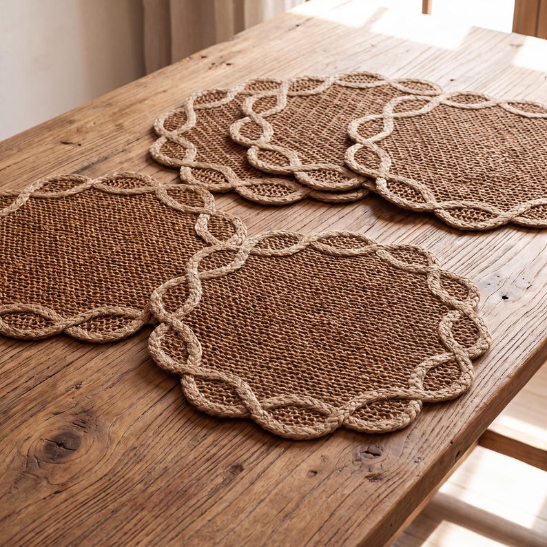 Rundes Platzset aus Rattan, 38 cm Durchmesser, mit gewellten Rändern und braunem Blumenmuster