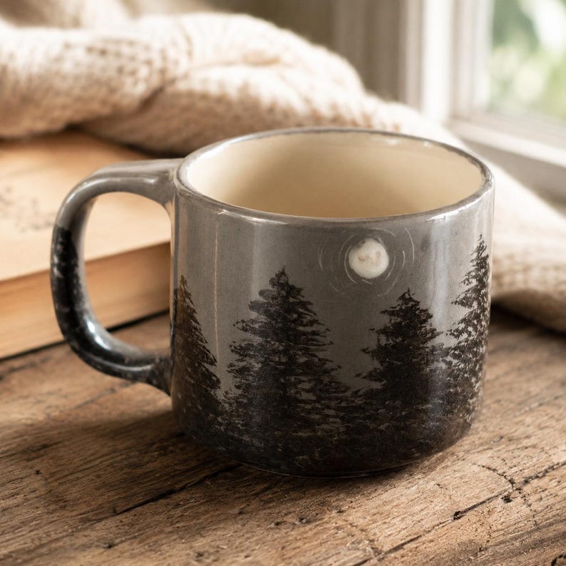 Handgefertigter Keramikbecher „Waldmond“ (350 ml), handbemaltes Kiefern- und Nachthimmelmotiv