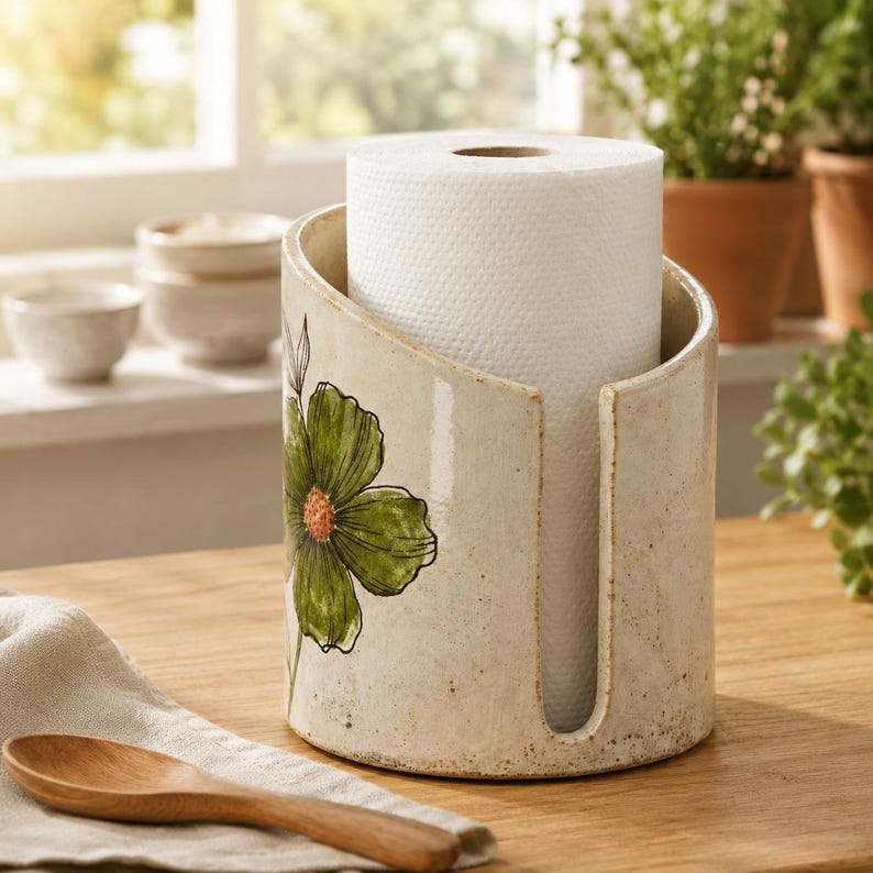 Küchenrollenhalter aus Keramik, grüner Rollenhalter für die Arbeitsplatte mit Blumen- und Pflanzenmotiv, cremefarbene Küchen-Deko aus Keramik, 5–8 Zoll