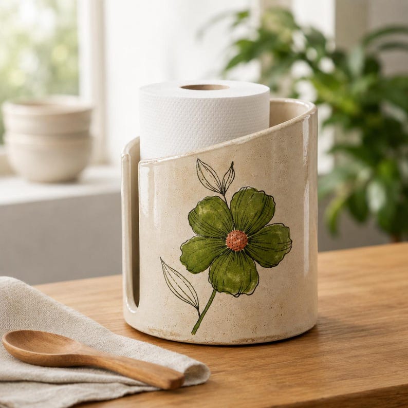 Küchenrollenhalter aus Keramik, grüner Rollenhalter für die Arbeitsplatte mit Blumen- und Pflanzenmotiv, cremefarbene Küchen-Deko aus Keramik, 5–8 Zoll