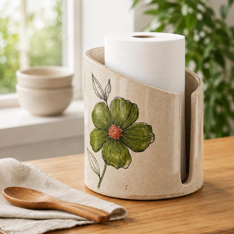Küchenrollenhalter aus Keramik, grüner Rollenhalter für die Arbeitsplatte mit Blumen- und Pflanzenmotiv, cremefarbene Küchen-Deko aus Keramik, 5–8 Zoll