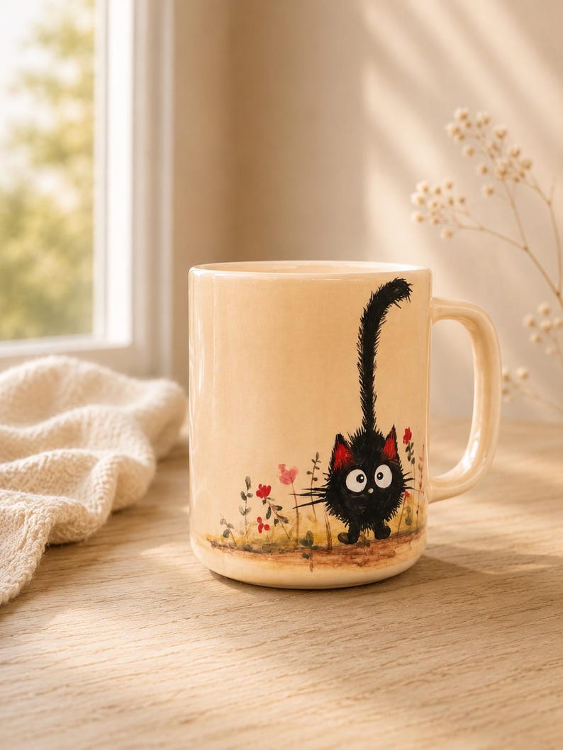 Keramik-Kaffeetasse mit schwarzer Katze und Blumenmuster, hohe Tasse (ca. 325 ml) für Kaffee, Tee oder Kakao