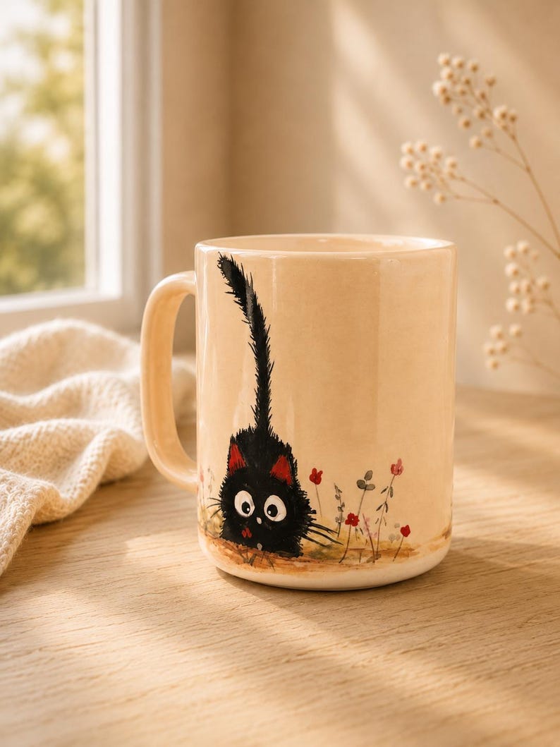 Keramik-Kaffeetasse mit schwarzer Katze und Blumenmuster, hohe Tasse (ca. 325 ml) für Kaffee, Tee oder Kakao