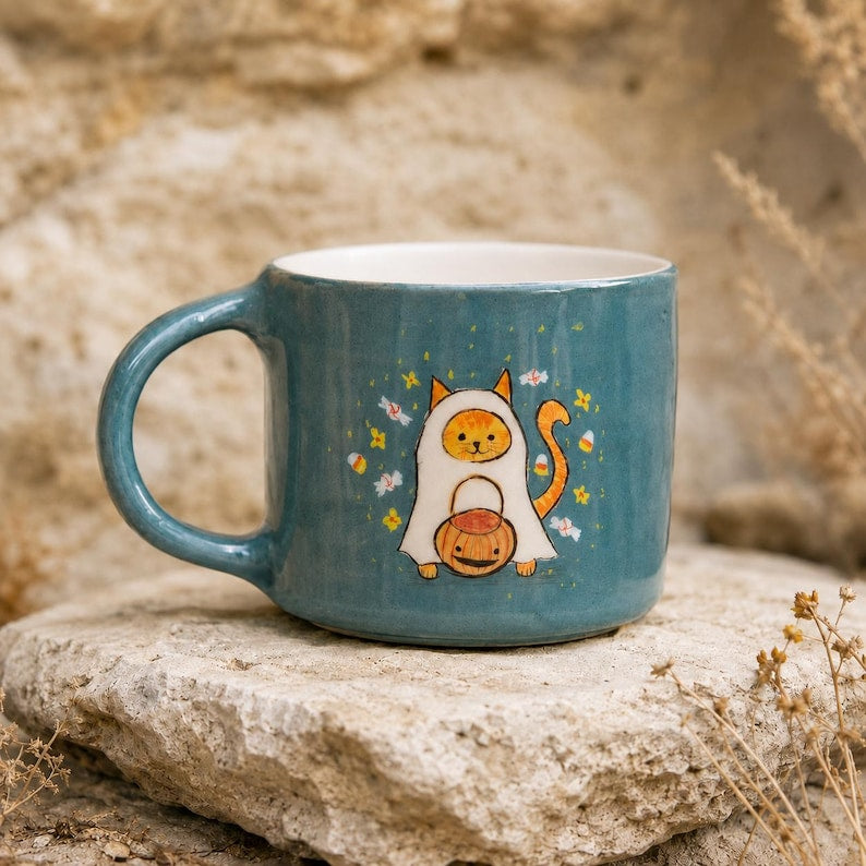 Katzenbecher, blaugrüner Keramik-Kaffeebecher, verziert mit einer orangefarbenen Geisterkatze und einem Kürbismuster, 1 Stück