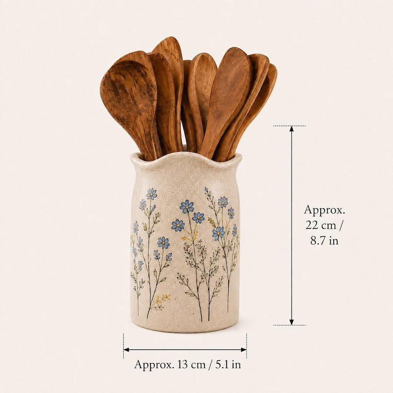 Handgefertigter Keramik-Utensilienhalter, blauer Küchentopf mit Blumenmuster, hoher Keramik-Organizer, cremefarben