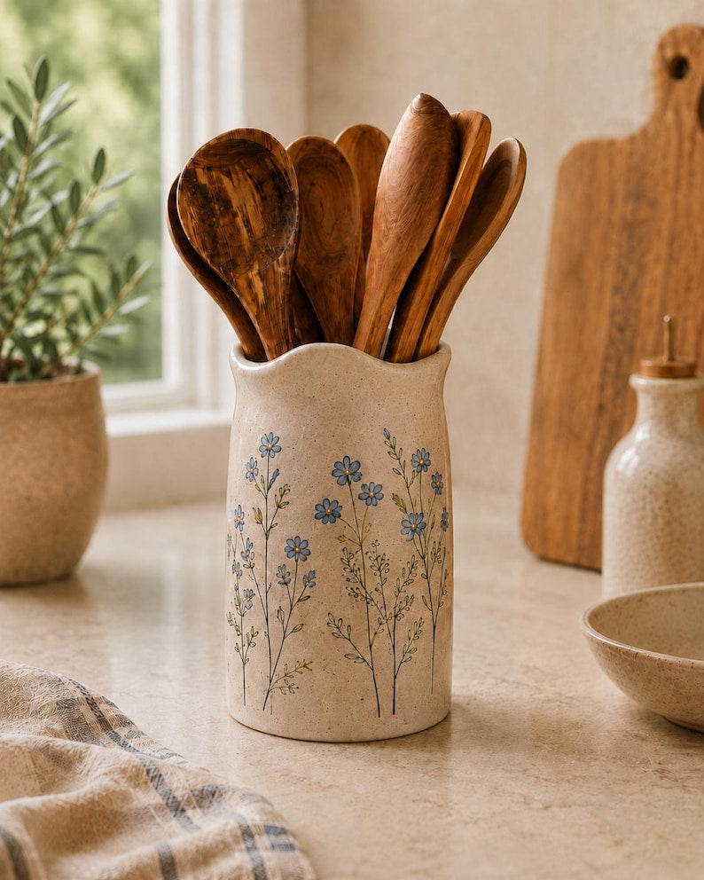 Handgefertigter Keramik-Utensilienhalter, blauer Küchentopf mit Blumenmuster, hoher Keramik-Organizer, cremefarben