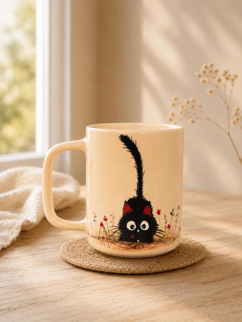 Keramik-Kaffeetasse mit schwarzer Katze und Blumenmuster, hohe Tasse (ca. 325 ml) für Kaffee, Tee oder Kakao