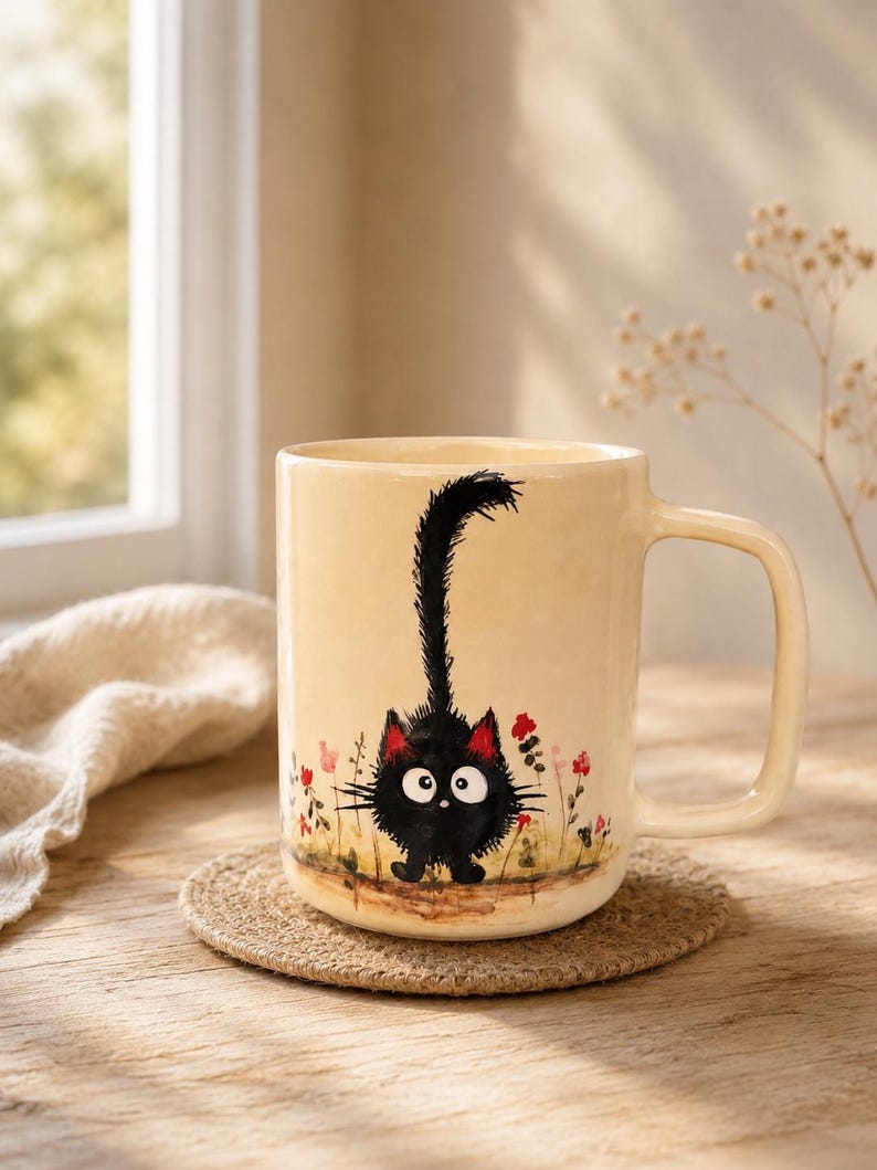 Keramik-Kaffeetasse mit schwarzer Katze und Blumenmuster, hohe Tasse (ca. 325 ml) für Kaffee, Tee oder Kakao